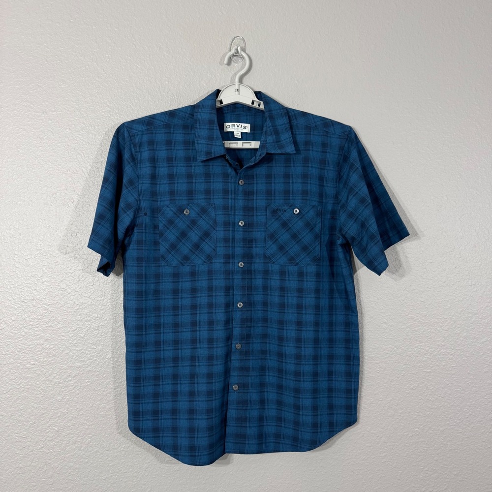 Orvis Men's Size L Blue Plaid Performance Vented Short Sleeve Button Up Shirt